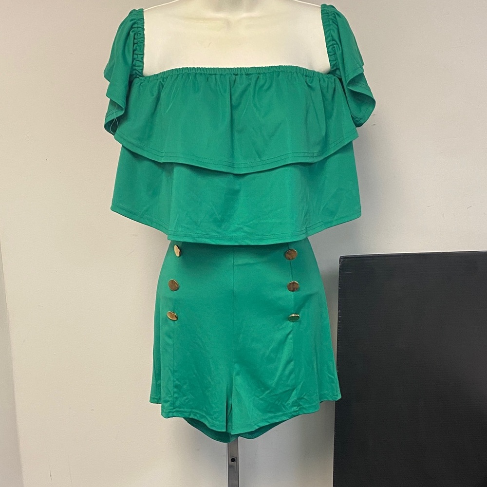 Green Off-Shoulder Ruffle Top and Shorts Set